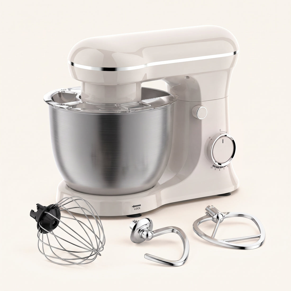 Mixer planetar alb cu bol din inox, capac antistropire, tel, cârlig și paletă 