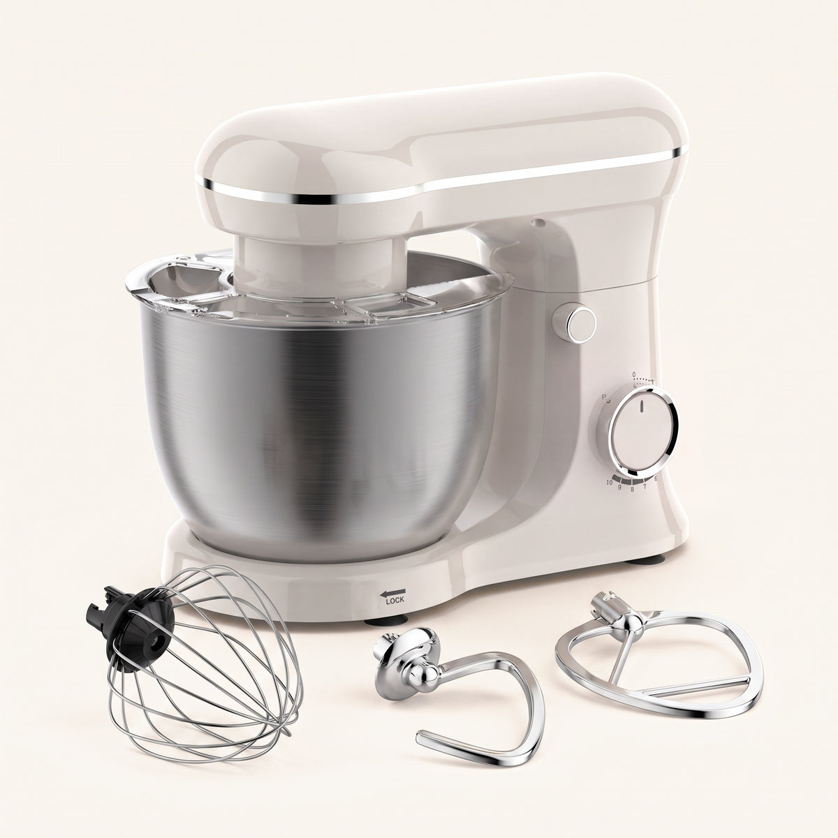 Mixer planetar alb cu bol din inox, capac antistropire, tel, cârlig și paletă 