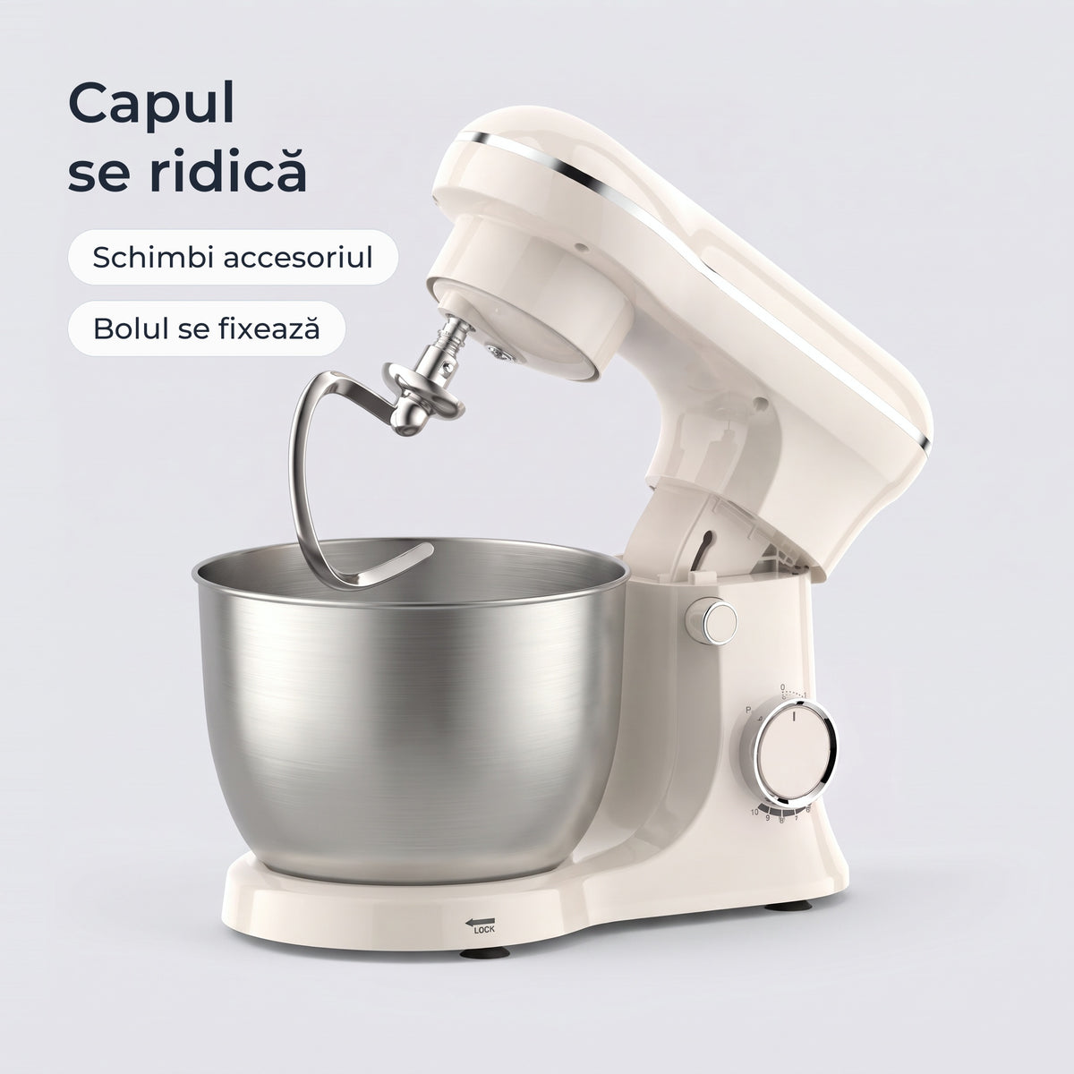 Capul mixerului alb se ridică pentru schimbarea accesoriului; bolul se fixează în bază 