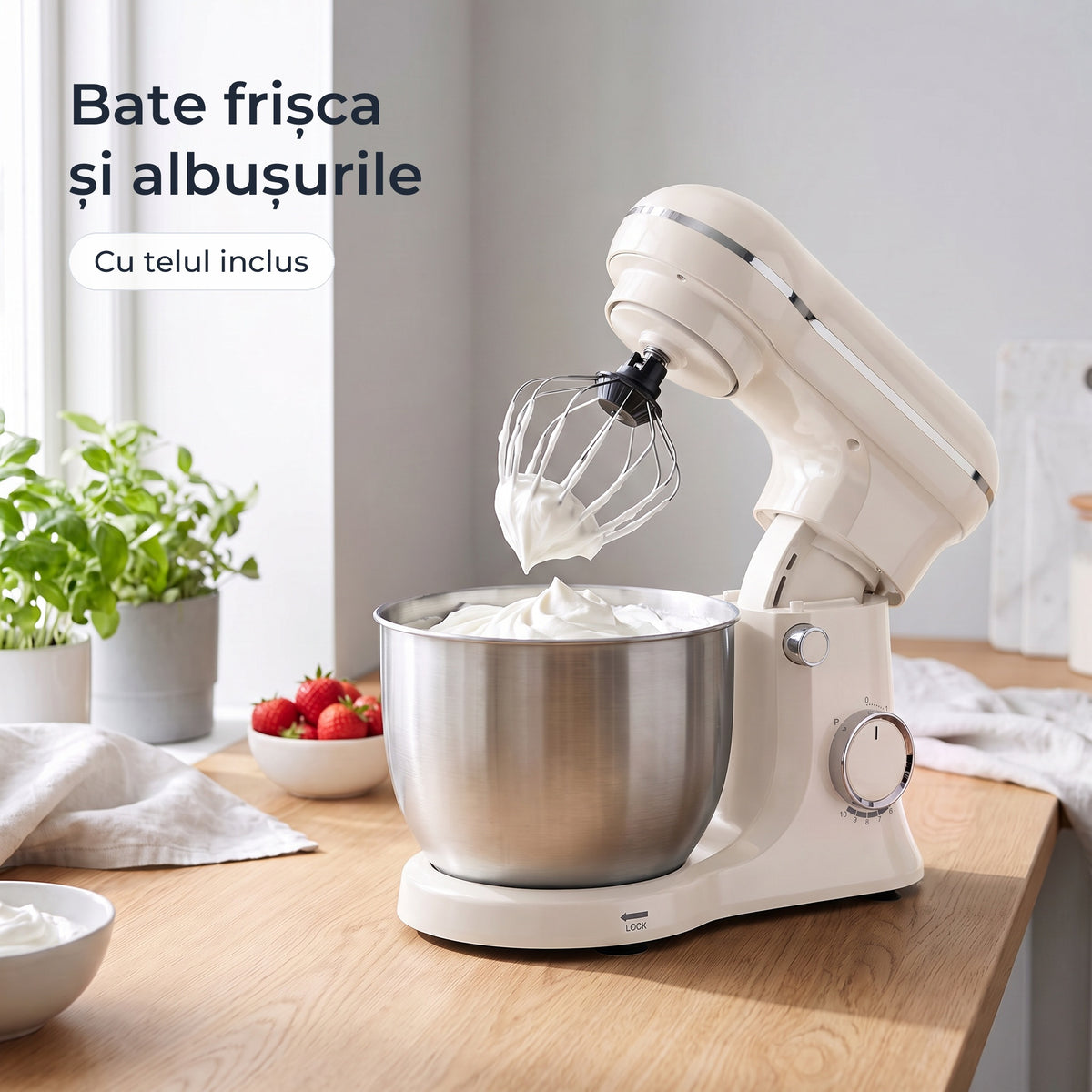 Frișcă bătută cu telul mixerului planetar alb 