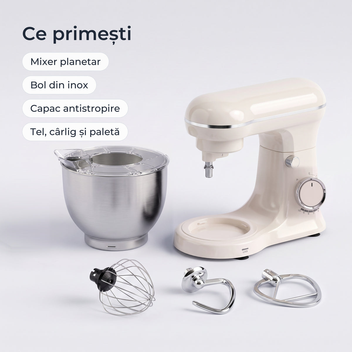 Conținutul cutiei: mixer planetar alb, bol din inox, capac antistropire, tel, cârlig și paletă 