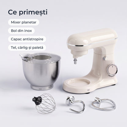 Conținutul cutiei: mixer planetar alb, bol din inox, capac antistropire, tel, cârlig și paletă 