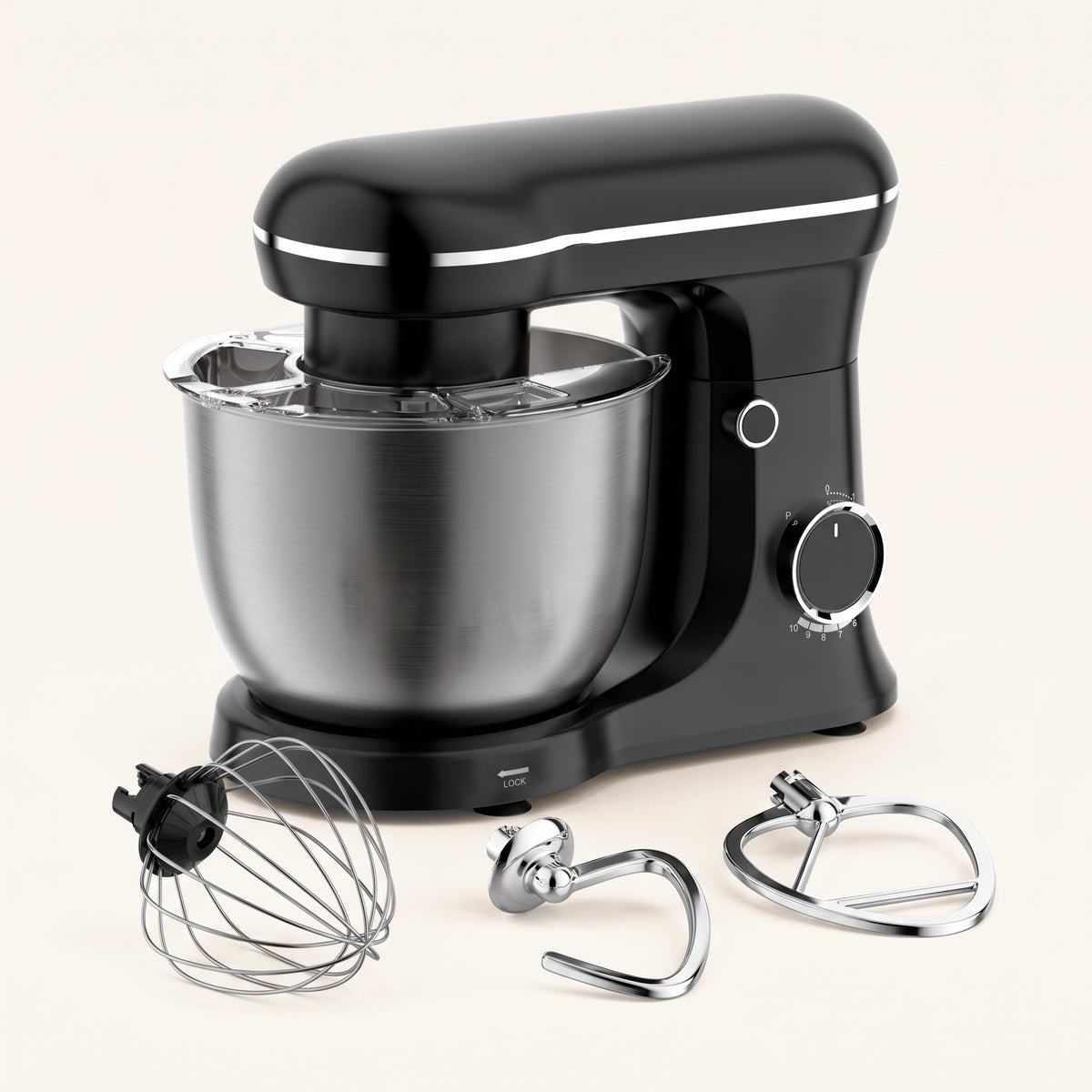 Mixer planetar negru cu bol din inox, capac antistropire, tel, cârlig și paletă 