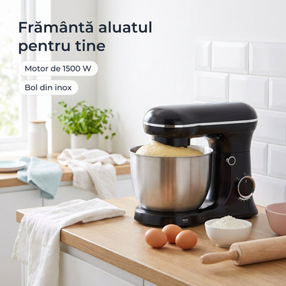 Mixerul planetar negru frământă aluat în bolul din inox, motor de 1500 W 