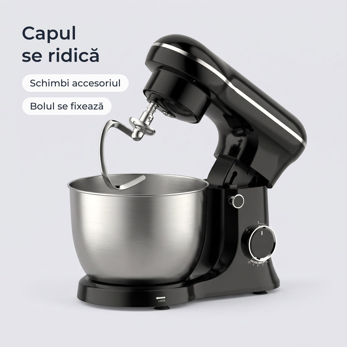 Capul mixerului negru se ridică pentru schimbarea accesoriului; bolul se fixează în bază 