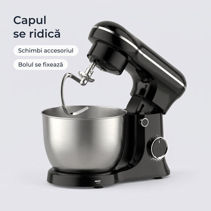 Capul mixerului negru se ridică pentru schimbarea accesoriului; bolul se fixează în bază 