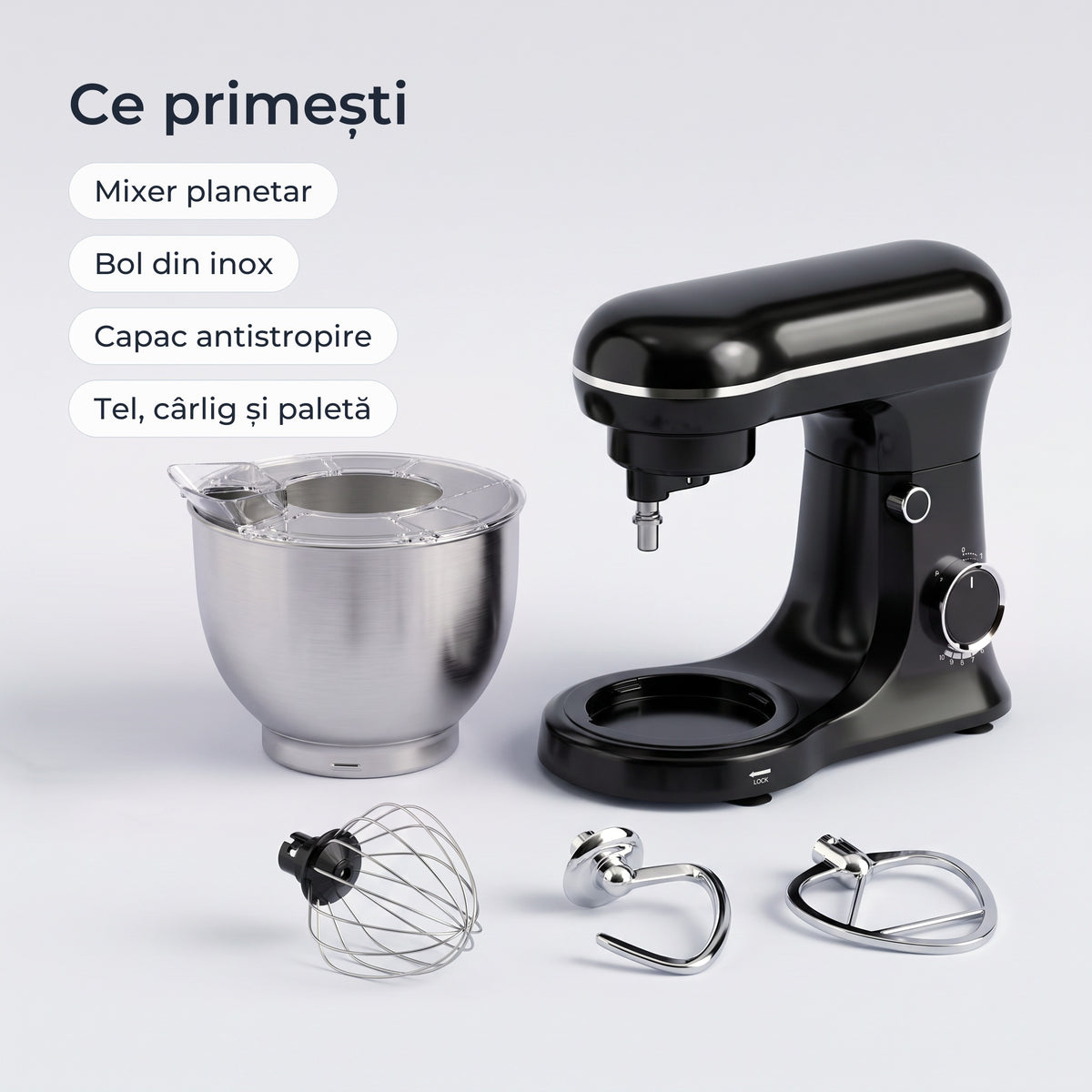 Conținutul cutiei: mixer planetar negru, bol din inox, capac antistropire, tel, cârlig și paletă 