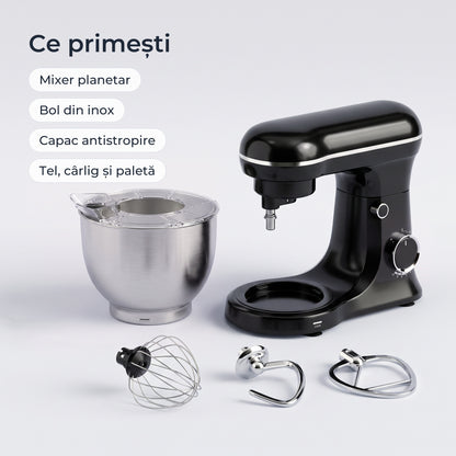 Conținutul cutiei: mixer planetar negru, bol din inox, capac antistropire, tel, cârlig și paletă 