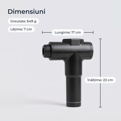 Dimensiunile pistolului de masaj: 17 cm lungime, 7 cm lățime, 23 cm înălțime, 649 g