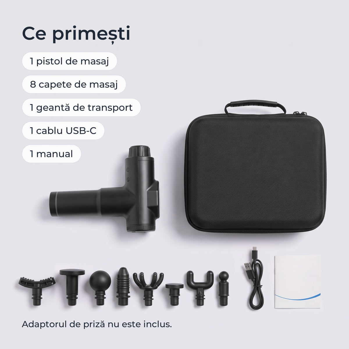 Conținutul pachetului: pistol de masaj, 8 capete, geantă de transport, cablu USB-C, manual
