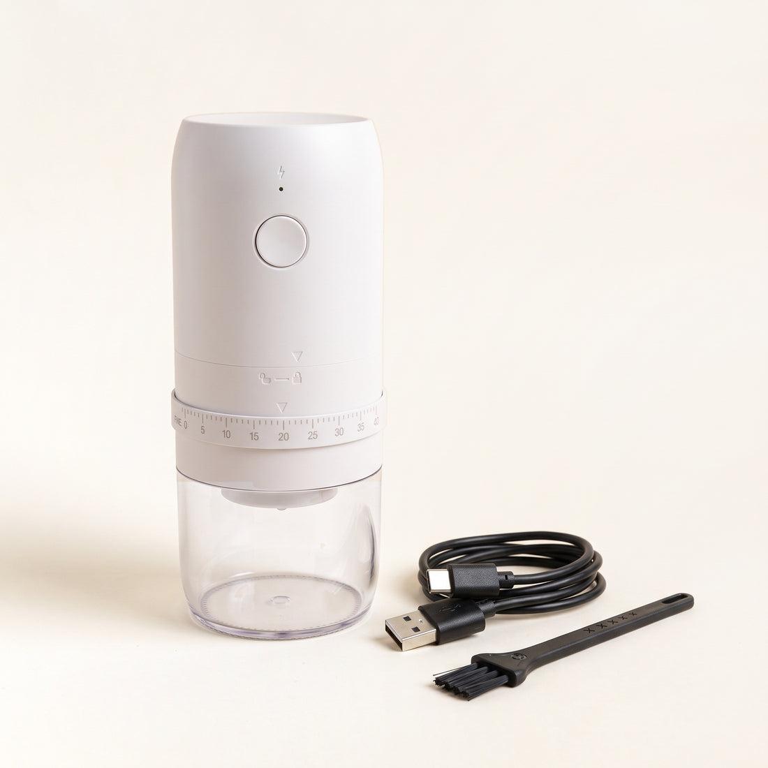 Râșniță electrică de cafea albă, cu cablu USB-C și perie de curățare 