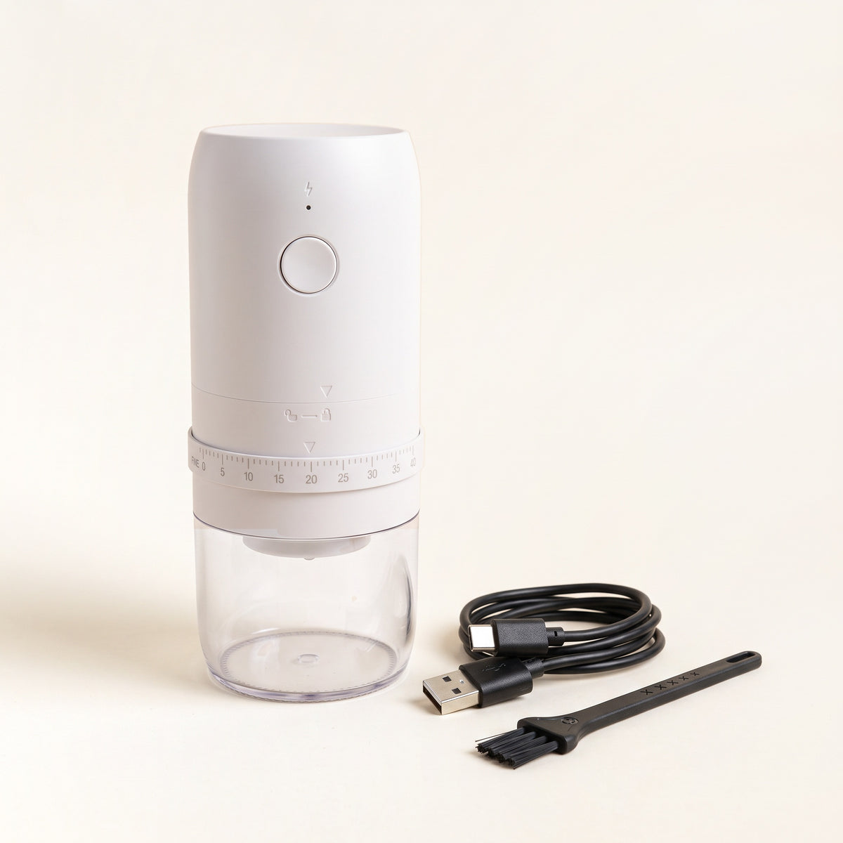 Râșniță electrică de cafea albă, cu cablu USB-C și perie de curățare 
