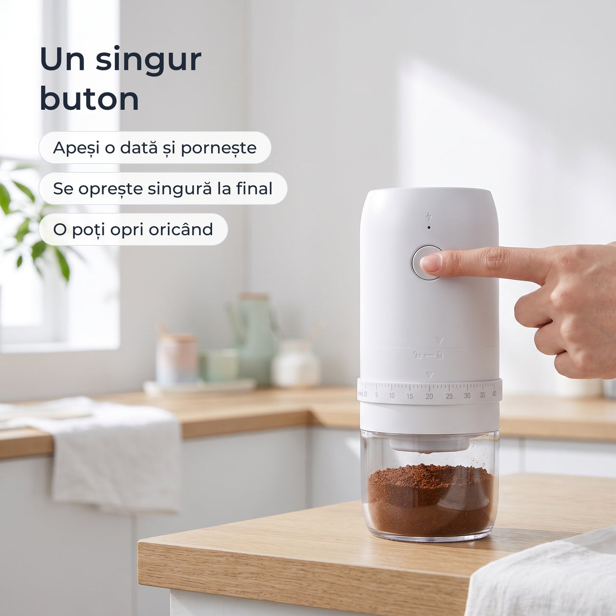 Râșnița albă pornește cu o singură apăsare de buton și se oprește singură 