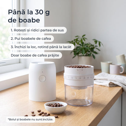 Compartimentul pentru boabe al râșniței albe: până la 30 g de boabe de cafea 