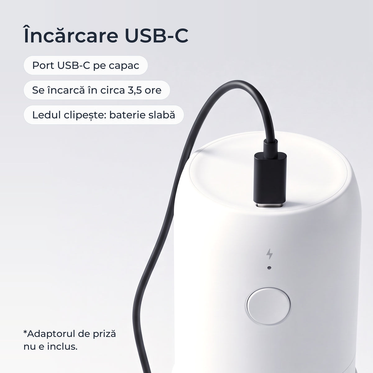 Încărcare USB-C: portul de pe capacul râșniței albe 