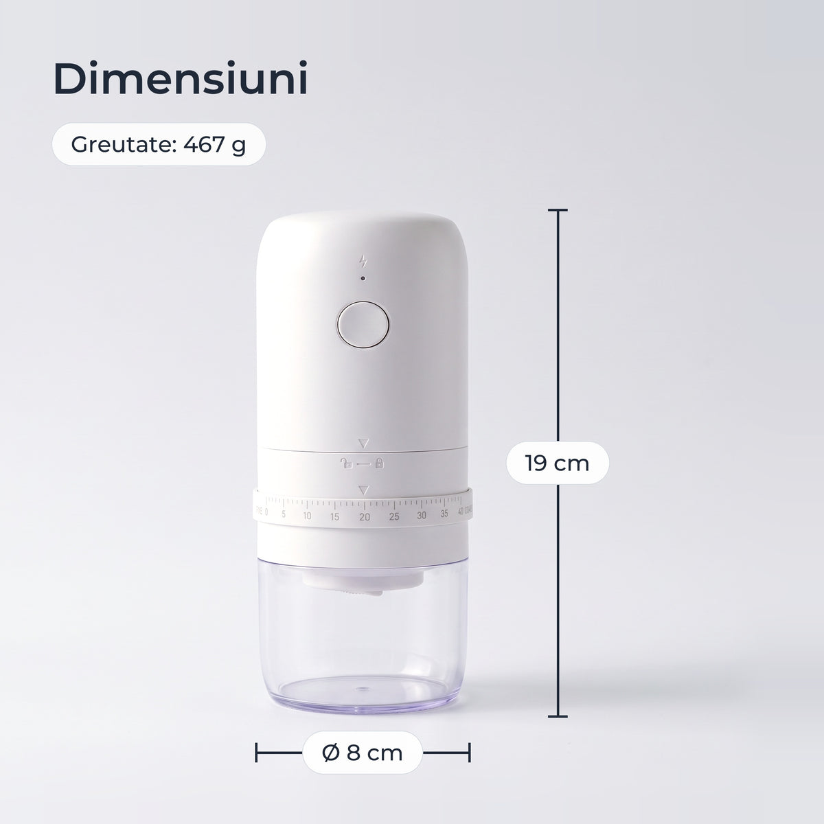 Dimensiunile râșniței: 19 cm înălțime, 8 cm diametru, 467 g 