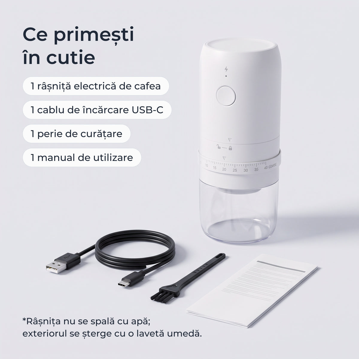 Conținutul cutiei: râșniță electrică de cafea, cablu USB-C, perie de curățare, manual 
