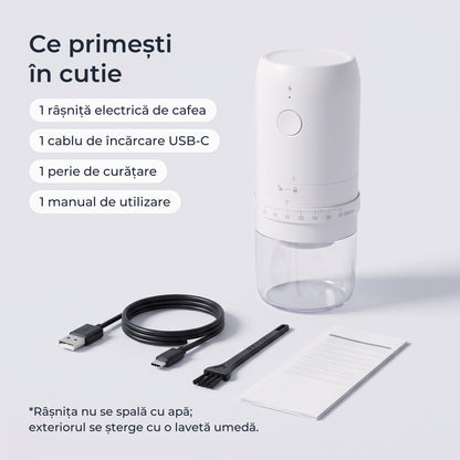 Conținutul cutiei: râșniță electrică de cafea, cablu USB-C, perie de curățare, manual 