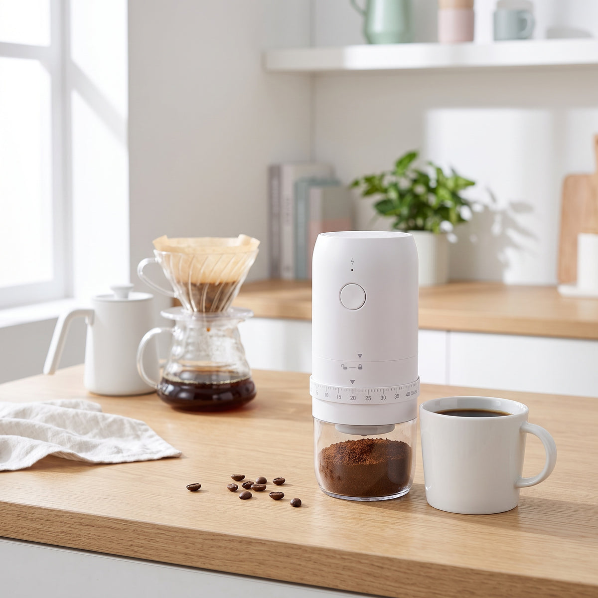 Cafea proaspăt măcinată acasă cu râșnița electrică albă 