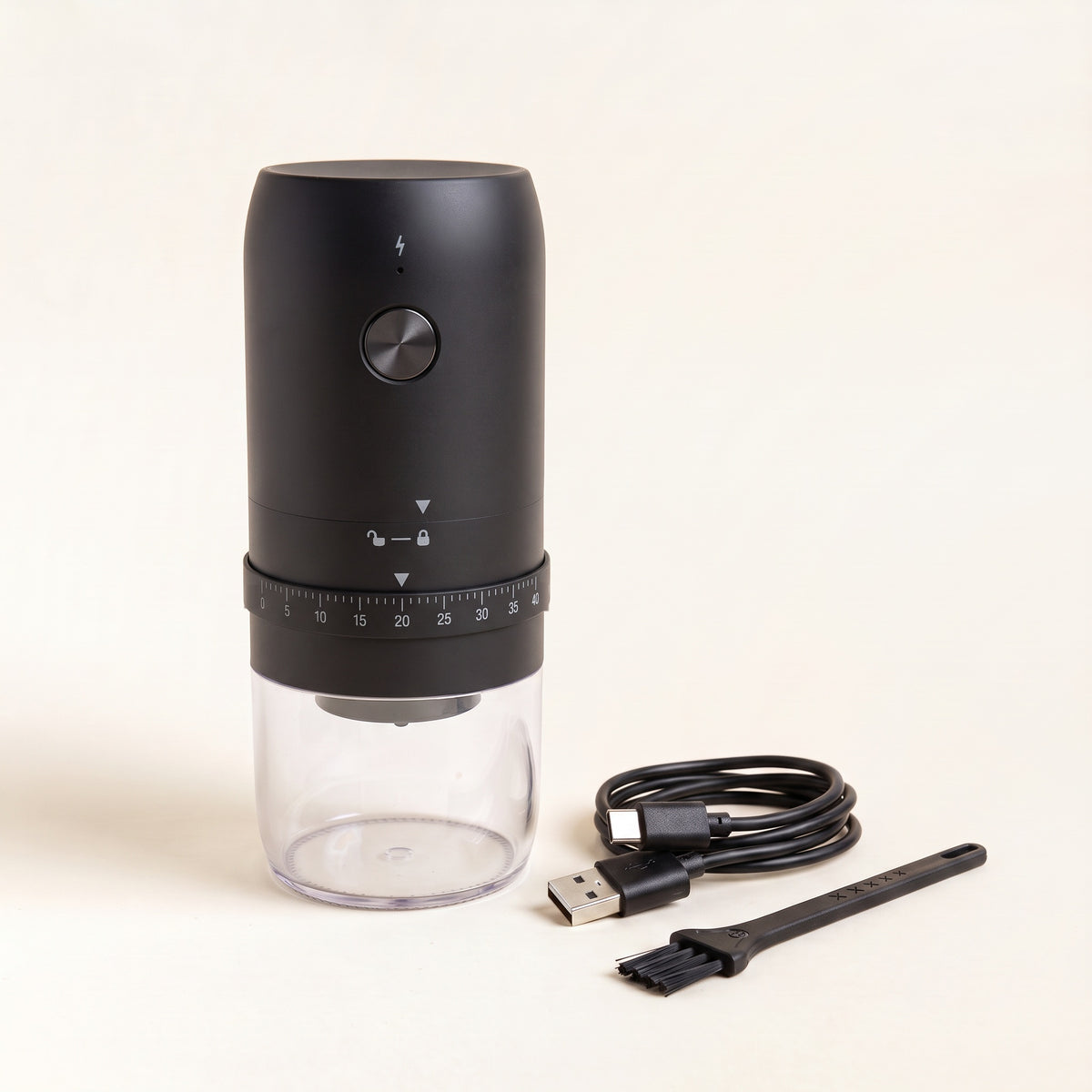 Râșniță electrică de cafea neagră, cu cablu USB-C și perie de curățare 