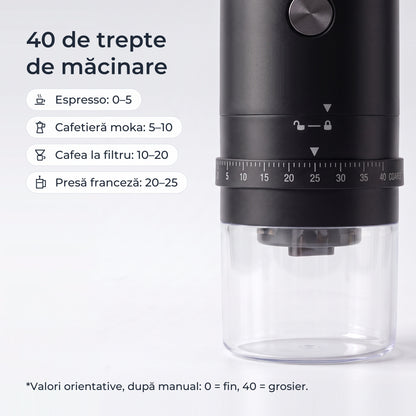 Inelul cu 40 de trepte de măcinare: espresso 0–5, moka 5–10, filtru 10–20, presă franceză 20–25 