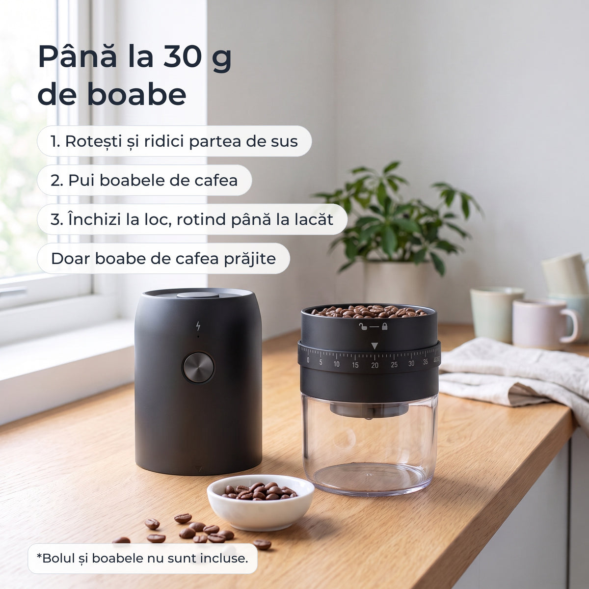 Compartimentul pentru boabe al râșniței negre: până la 30 g de boabe de cafea 