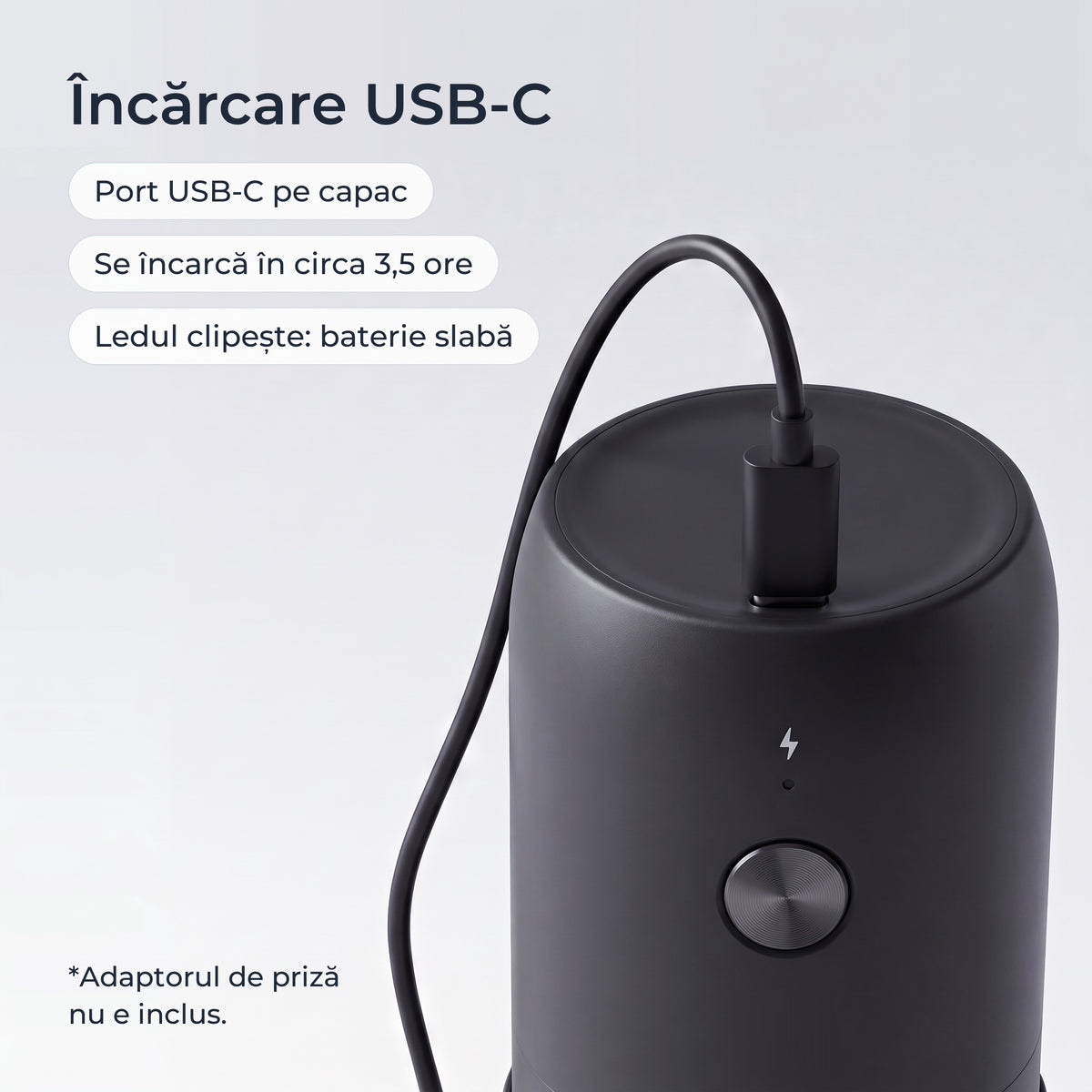 Încărcare USB-C: portul de pe capacul râșniței negre 