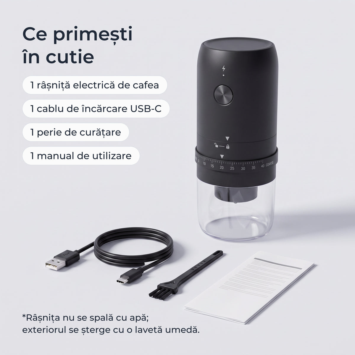 Conținutul cutiei: râșniță electrică de cafea, cablu USB-C, perie de curățare, manual 