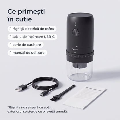Conținutul cutiei: râșniță electrică de cafea, cablu USB-C, perie de curățare, manual 