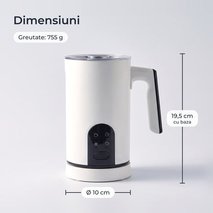 Dimensiunile spumătorului: 19,5 cm înălțime cu baza, 10 cm diametru, 755 g 