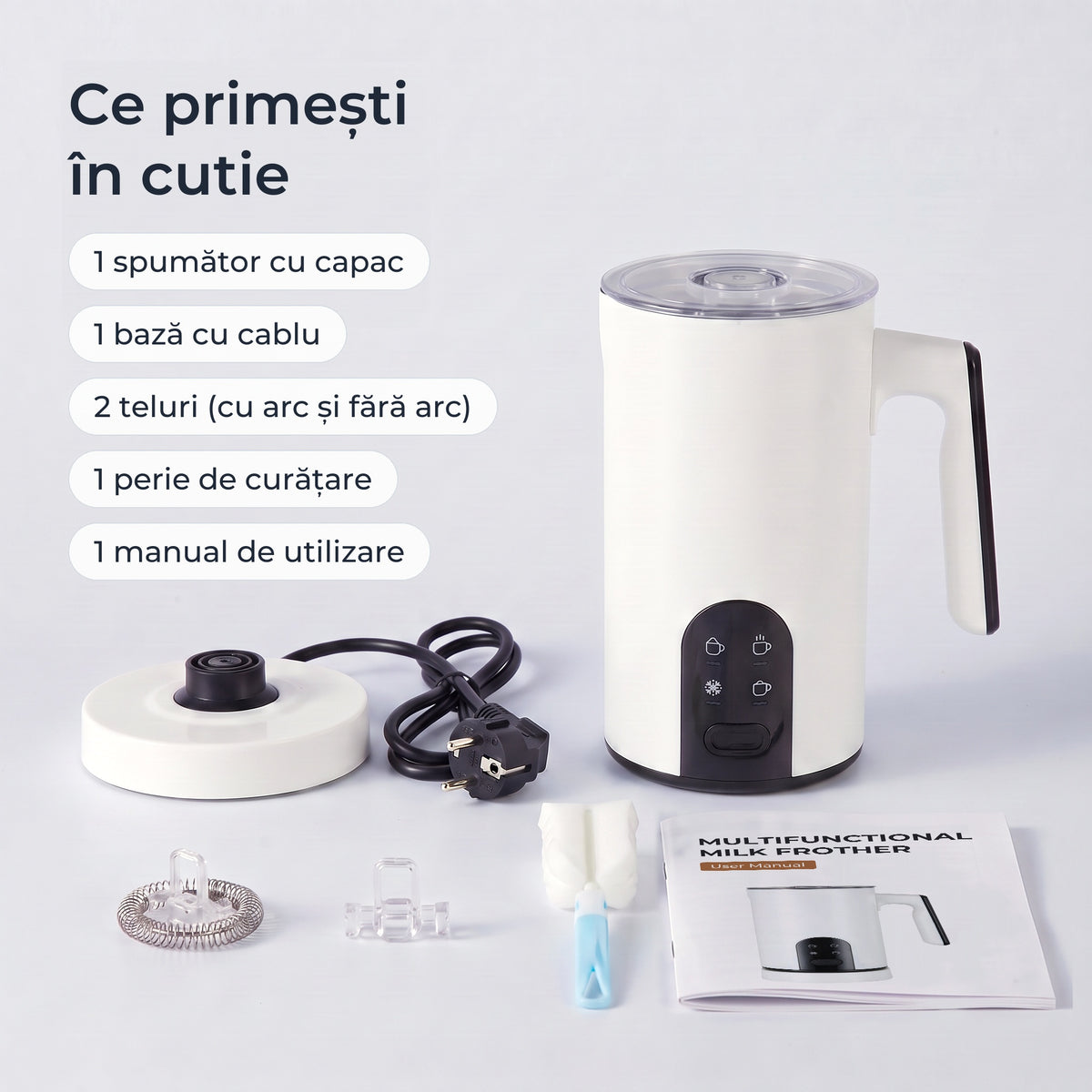 Conținutul cutiei: spumător cu capac, bază cu cablu, 2 teluri, perie de curățare, manual 