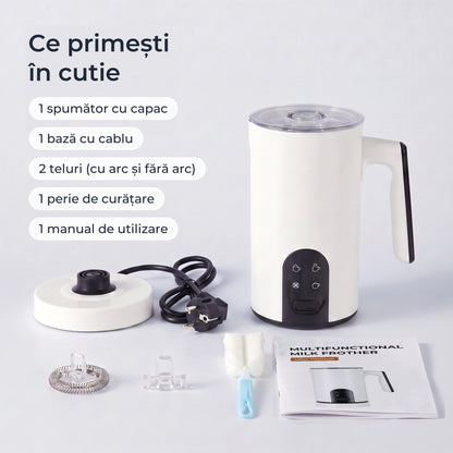 Conținutul cutiei: spumător cu capac, bază cu cablu, 2 teluri, perie de curățare, manual 