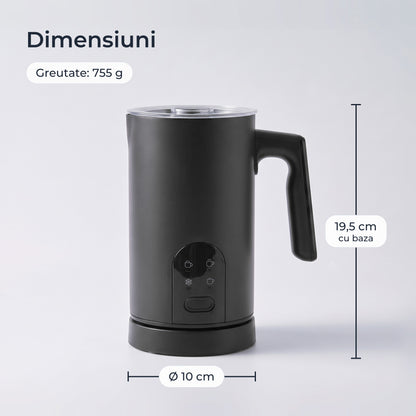 Dimensiunile spumătorului: 19,5 cm înălțime cu baza, 10 cm diametru, 755 g 