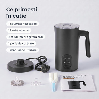 Conținutul cutiei: spumător cu capac, bază cu cablu, 2 teluri, perie de curățare, manual 