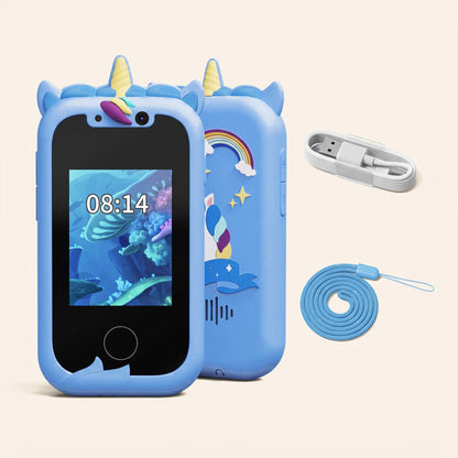 Telefon educativ pentru copii cu unicorn, față și spate, cu cablu USB și șnur, culoare: albastru 