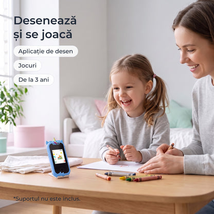 Telefon educativ pentru copii, culoare: albastru, desenează și se joacă, aplicație de desen și jocuri, de la 3 ani 