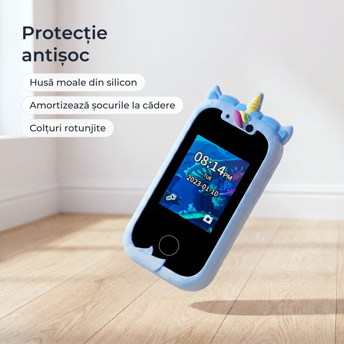Telefon educativ pentru copii, culoare: albastru, protecție antișoc, husă moale din silicon, colțuri rotunjite 