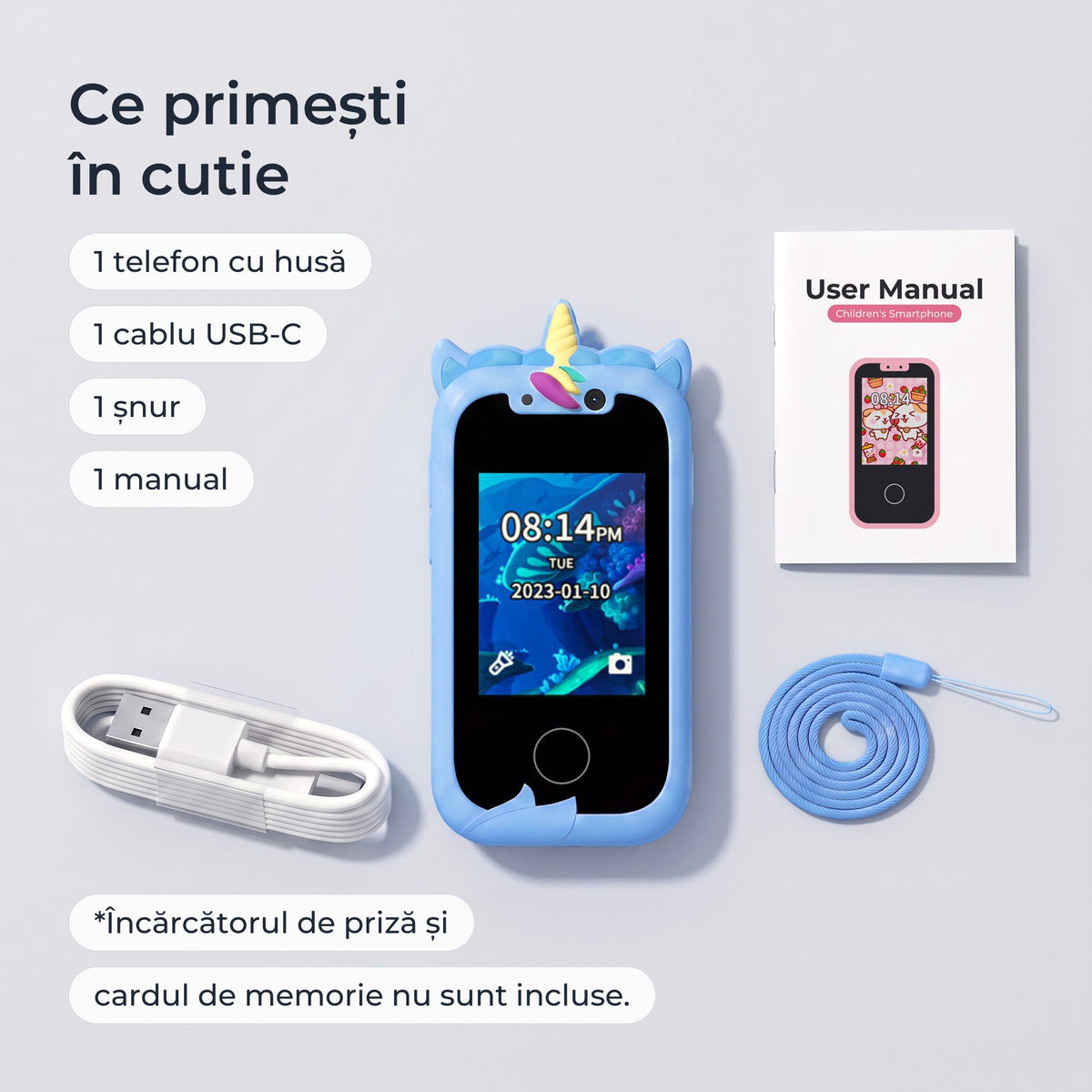 Telefon educativ pentru copii, culoare: albastru, ce primești în cutie: telefon cu husă, cablu USB-C, șnur și manual 