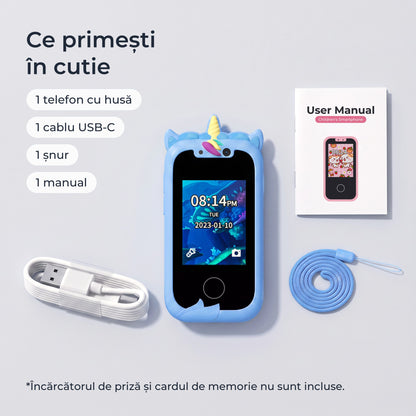 Telefon educativ pentru copii, culoare: albastru, ce primești în cutie: telefon cu husă, cablu USB-C, șnur și manual 