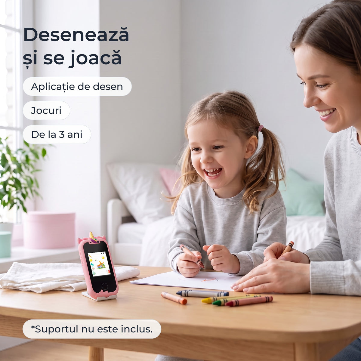 Telefon educativ pentru copii, culoare: roz, desenează și se joacă, aplicație de desen și jocuri, de la 3 ani 