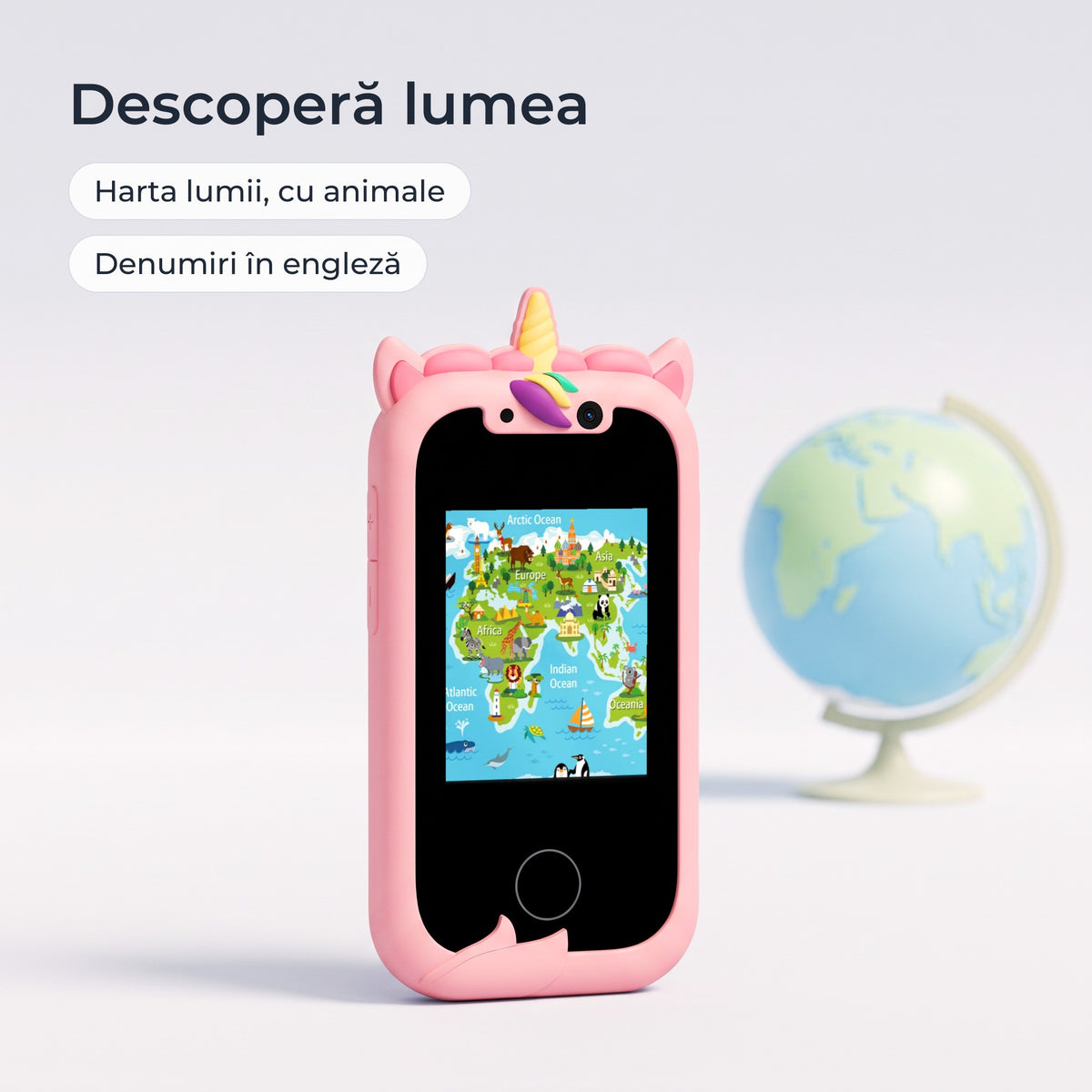 Telefon educativ pentru copii, culoare: roz, descoperă lumea, harta lumii cu animale, denumiri în engleză 