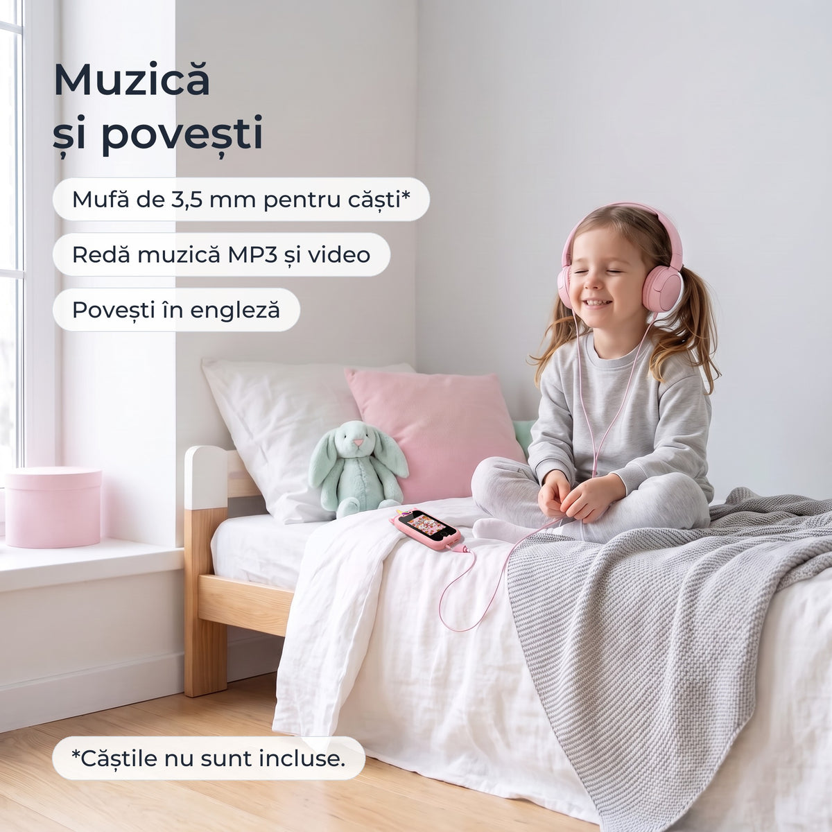 Telefon educativ pentru copii, culoare: roz, muzică și povești, mufă de 3,5 mm pentru căști, redă muzică MP3 și video 