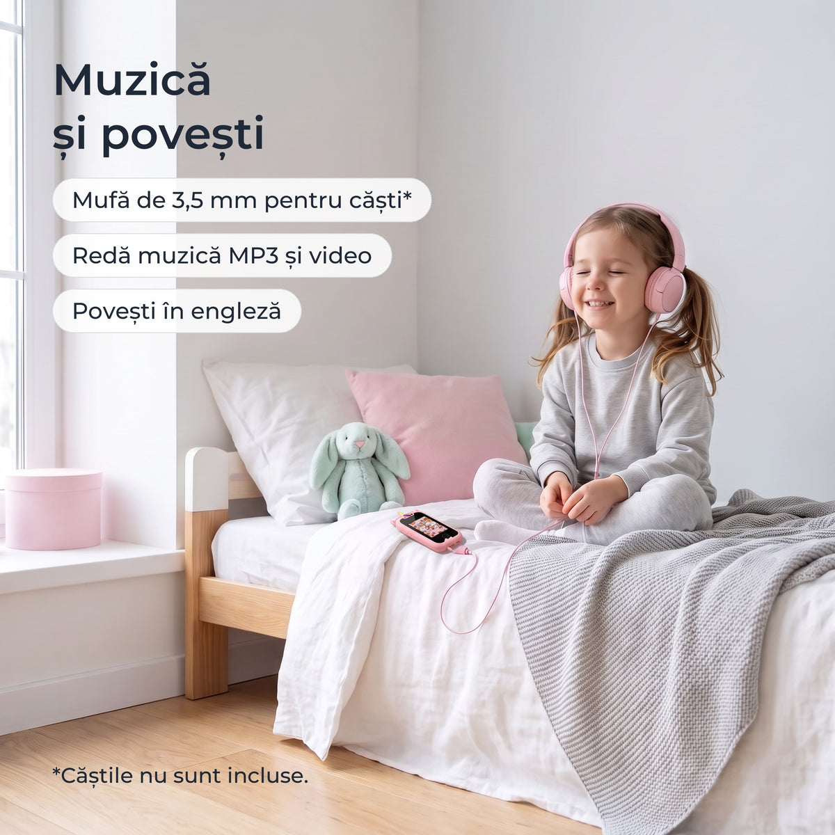 Telefon educativ pentru copii, culoare: roz, muzică și povești, mufă de 3,5 mm pentru căști, redă muzică MP3 și video 