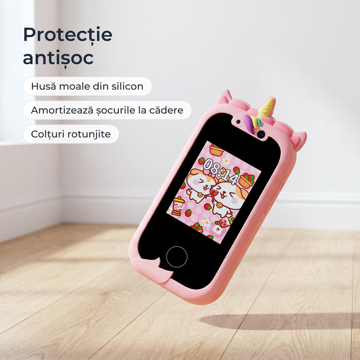 Telefon educativ pentru copii, culoare: roz, protecție antișoc, husă moale din silicon, colțuri rotunjite 