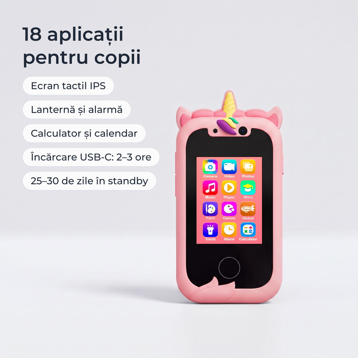 Telefon educativ pentru copii, culoare: roz, 18 aplicații pentru copii, ecran tactil IPS, încărcare USB-C, 25–30 de zile în standby 