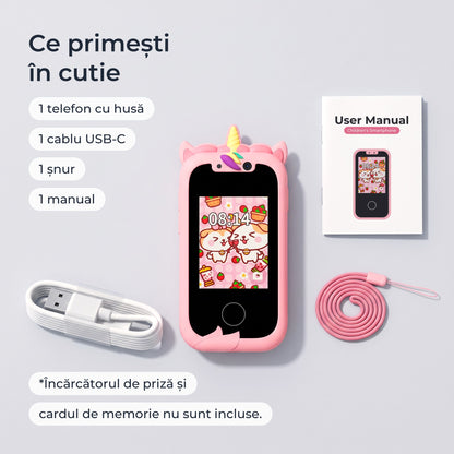 Telefon educativ pentru copii, culoare: roz, ce primești în cutie: telefon cu husă, cablu USB-C, șnur și manual 