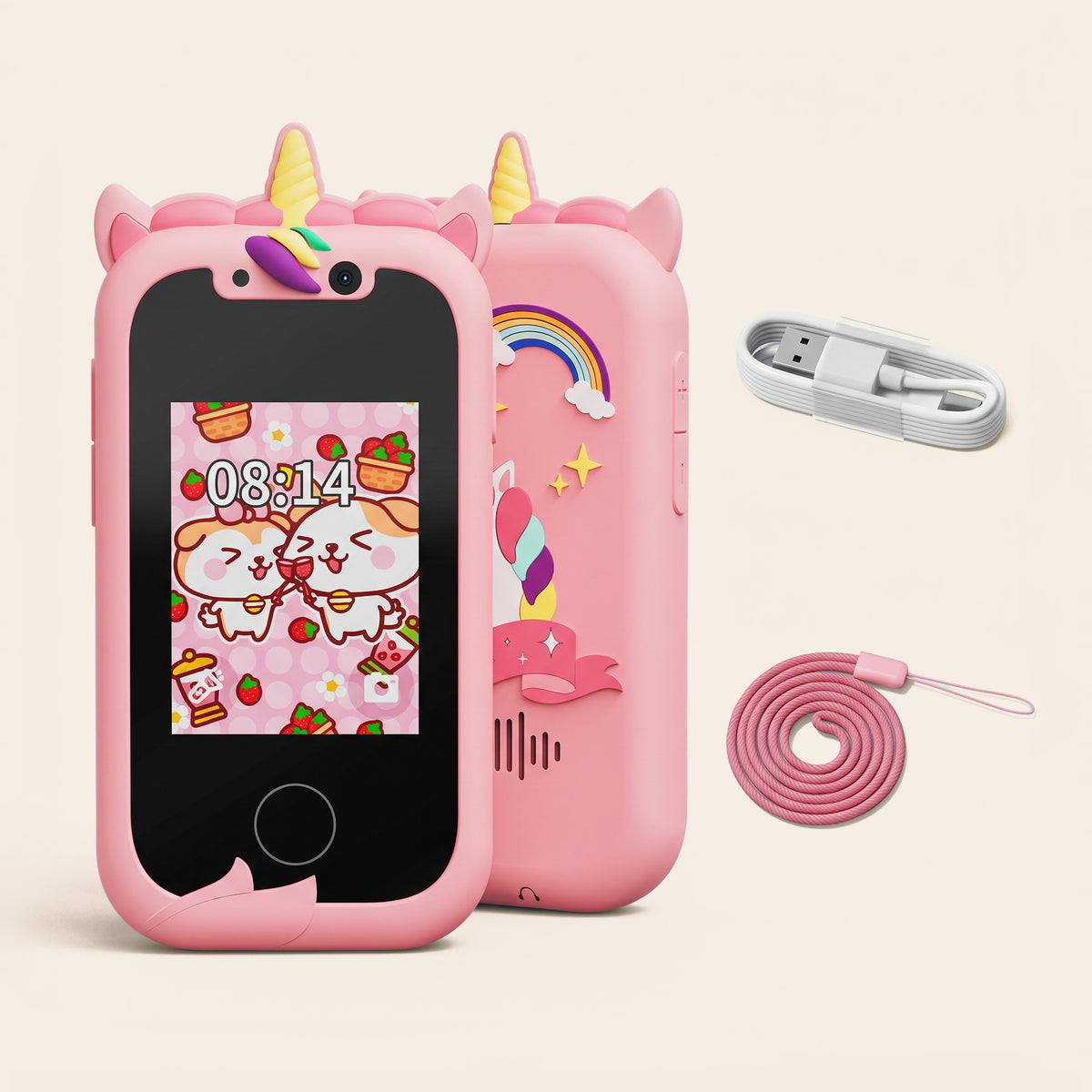 Telefon educativ pentru copii cu unicorn, față și spate, cu cablu USB și șnur, culoare: roz 