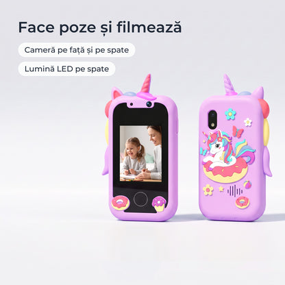 Telefon educativ pentru copii, culoare: violet, face poze și filmează, cameră pe față și pe spate, lumină LED pe spate 
