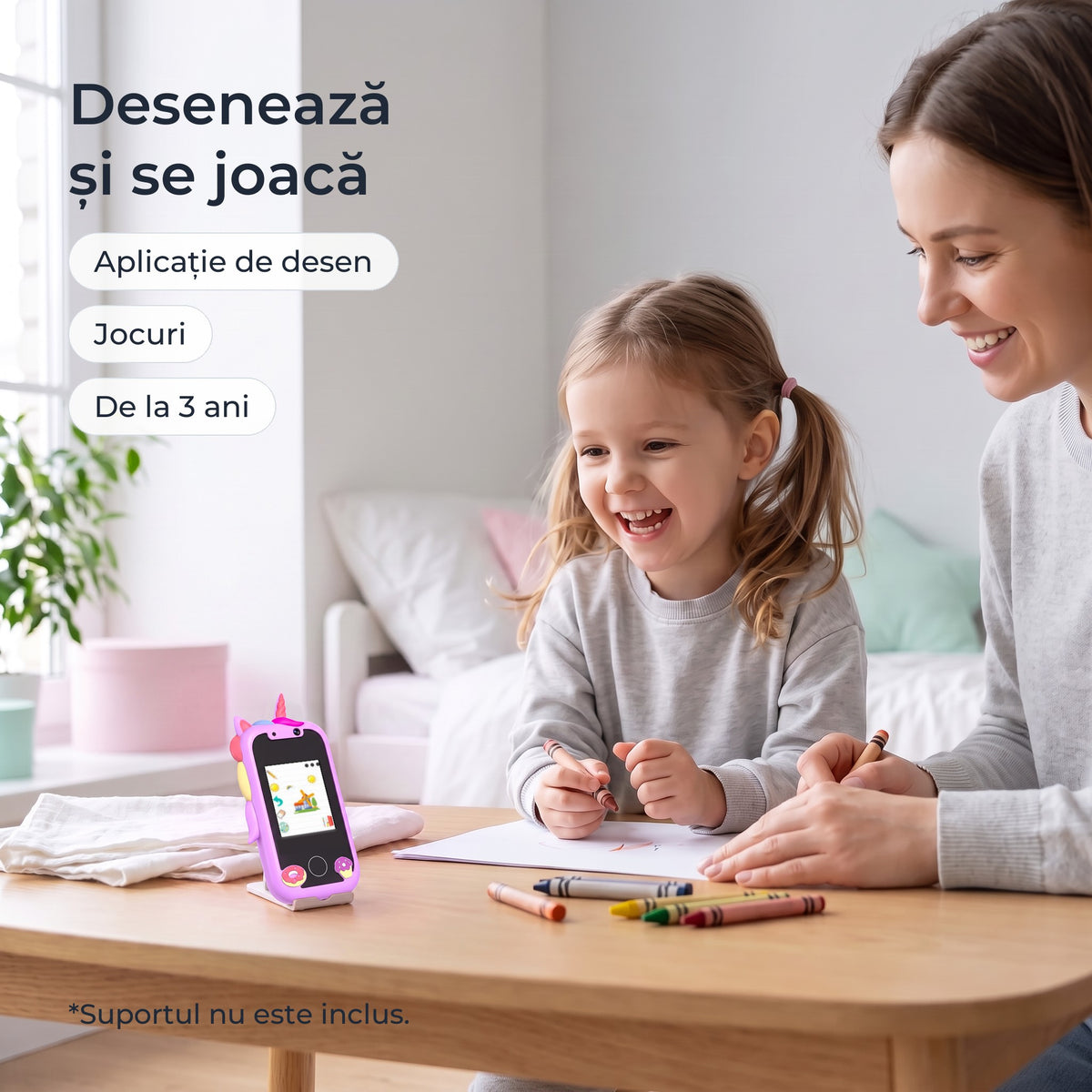 Telefon educativ pentru copii, culoare: violet, desenează și se joacă, aplicație de desen și jocuri, de la 3 ani 