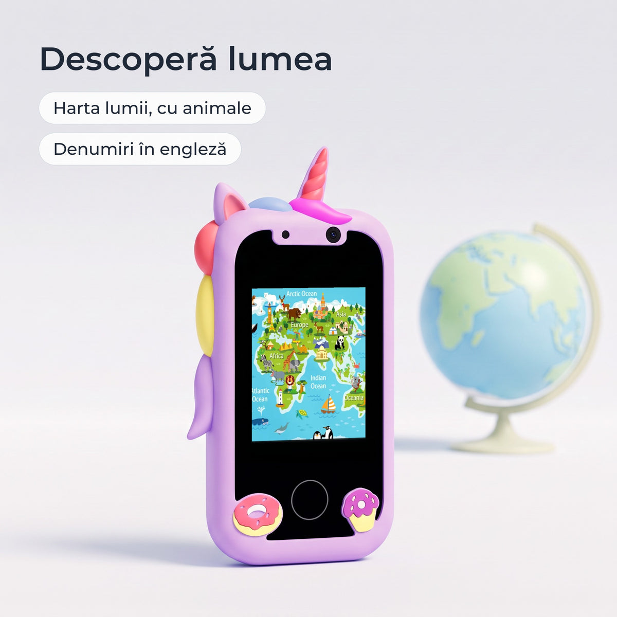 Telefon educativ pentru copii, culoare: violet, descoperă lumea, harta lumii cu animale, denumiri în engleză 